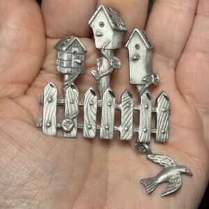 Spoontiques Pewter Birdhouse Brooch Dove Dangle Fence Pin Vintage 3”